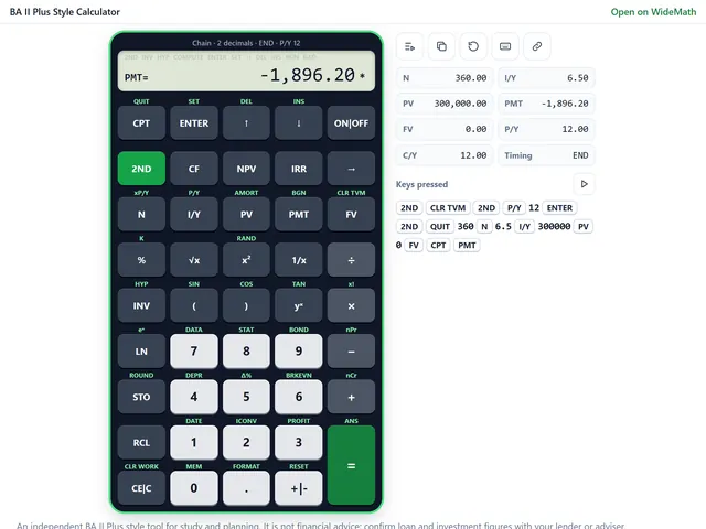 The BA II Plus style calculator widget showing a mortgage payment of minus 1,896.20 with the stored TVM values beside the keypad