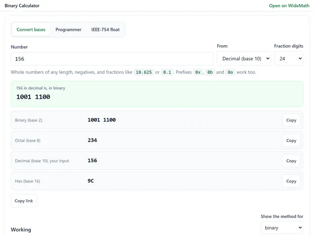 The binary calculator widget converting 156 to binary 1001 1100, octal 234 and hex 9C