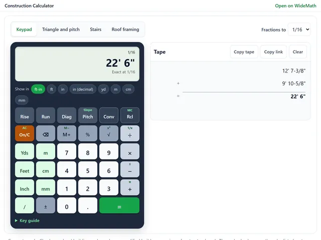 The construction calculator widget adding 12 feet 7-3/8 inches and 9 feet 10-5/8 inches to get 22 feet 6 inches, with the tape beside the keypad