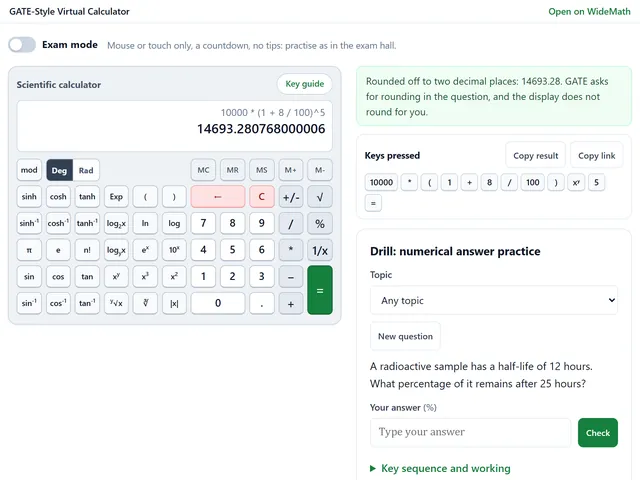 The GATE-style virtual calculator widget with its key grid, the keys-pressed list and a numerical answer drill