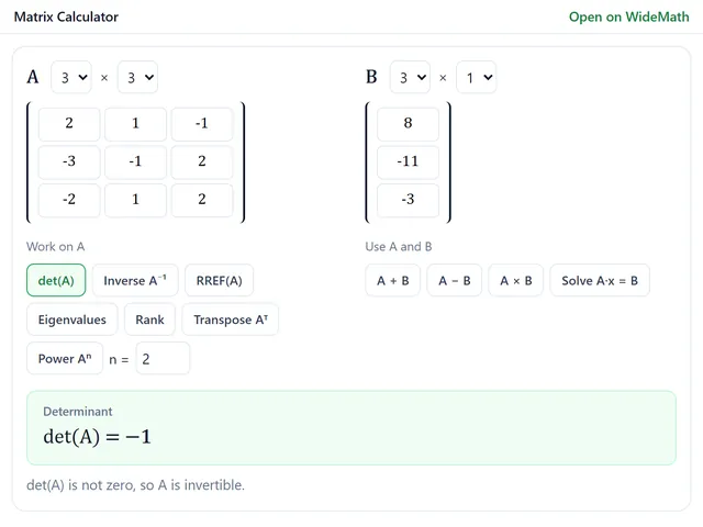 The matrix calculator widget with a 3 by 3 matrix A and a column B, showing det(A) = -1