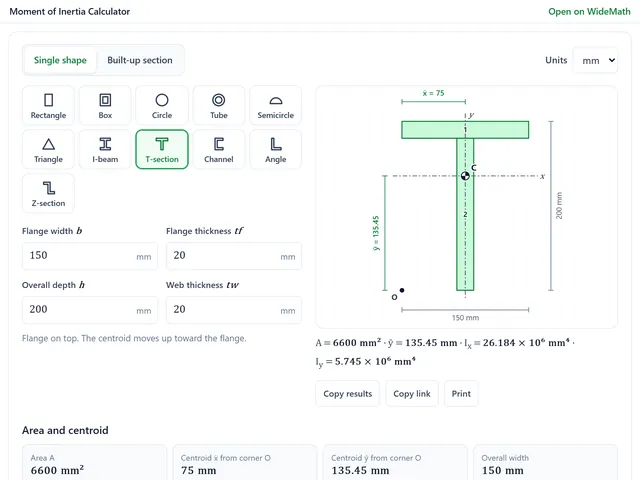 The moment of inertia calculator widget drawing a 150 by 200 mm T-section with its centroid at 135.45 mm and Ix of 26.184 million mm^4