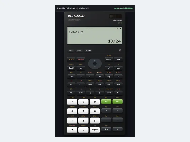The scientific calculator widget working out 3/8 + 5/12 = 19/24 on a dark Casio-style keypad