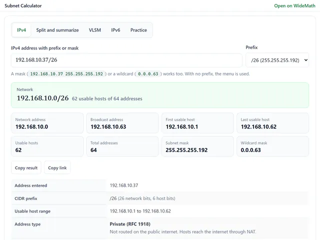 The subnet calculator widget showing 192.168.10.37/26: network 192.168.10.0, broadcast 192.168.10.63 and 62 usable hosts