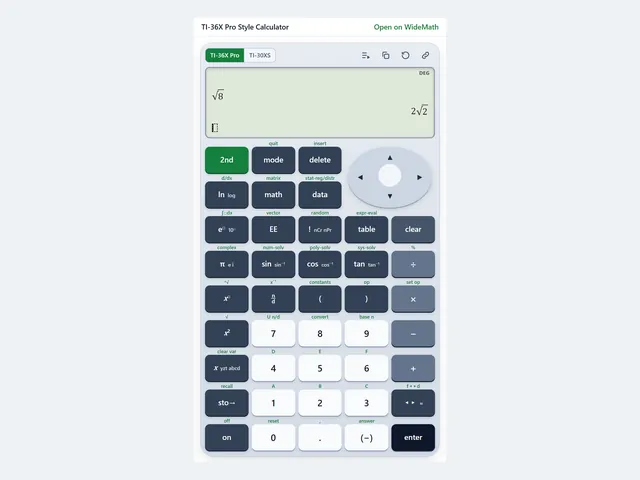 The TI-36X Pro style calculator widget with a MathPrint display showing the square root of 8 as 2√2