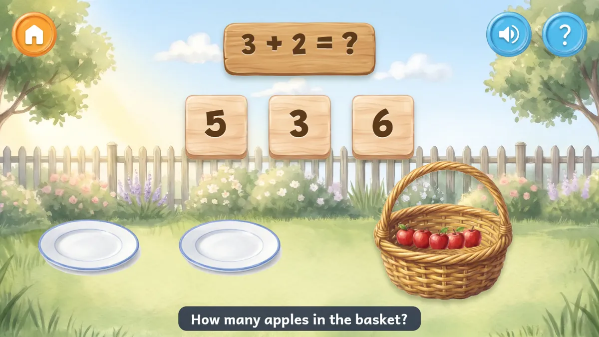 Apples from two plates move into a basket beside three answer buttons.