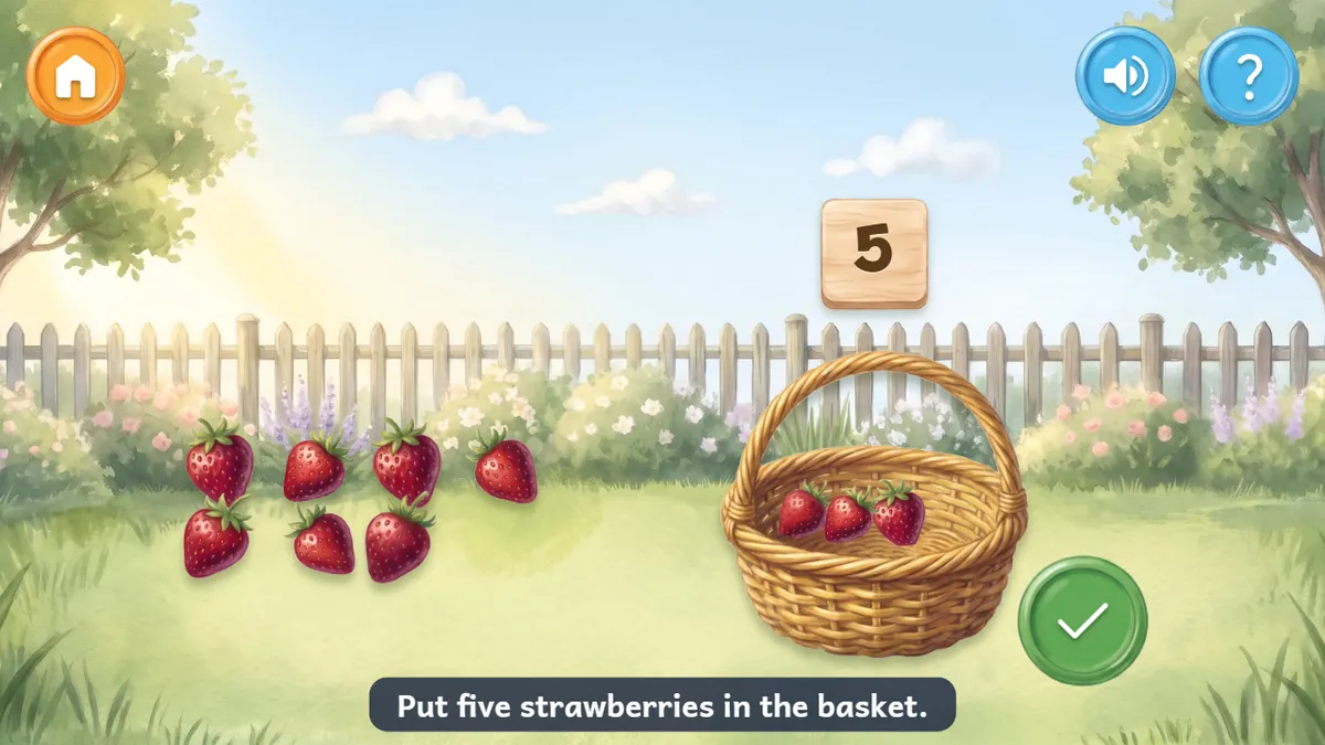 A basket holds counted strawberries beside a green tick in the garden.
