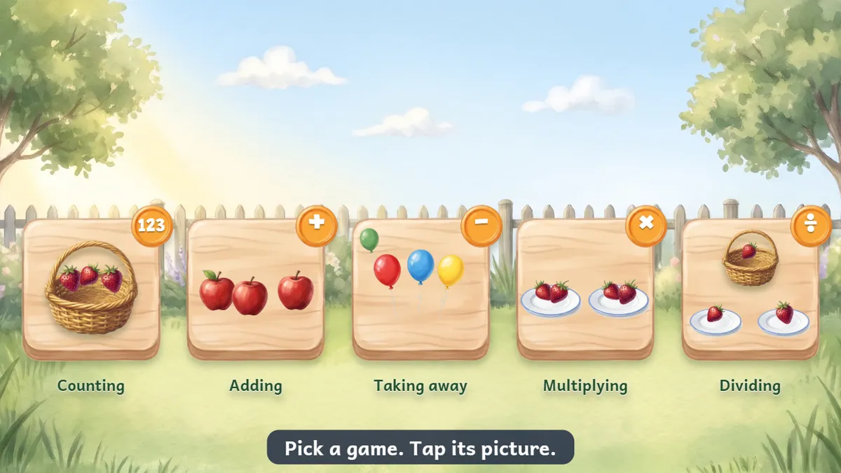 A storybook garden shows five picture tiles for counting and four arithmetic games.