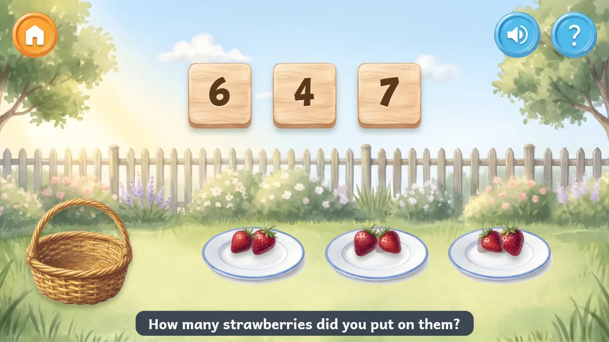 Three plates hold two strawberries each beside the garden game's number buttons.