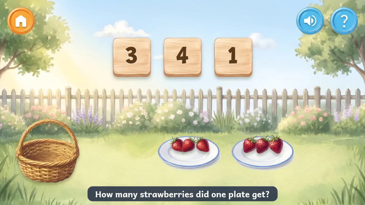 Six strawberries shared equally across two plates in the garden division game.