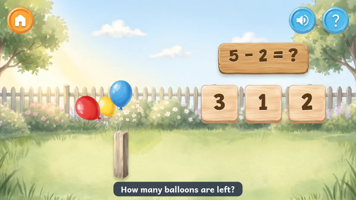 Balloons fly away from a garden post beside buttons for the number left.