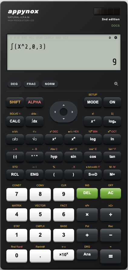 Casio fx-991ES PLUS style scientific calculator online, free: the display shows the definite integral ∫(X², 0, 3) evaluating to 9, above the full keypad with SHIFT, ALPHA and the MODE keys for COMP, CMPLX, STAT, BASE-N, MATRIX, VECTOR, TABLE and EQN.