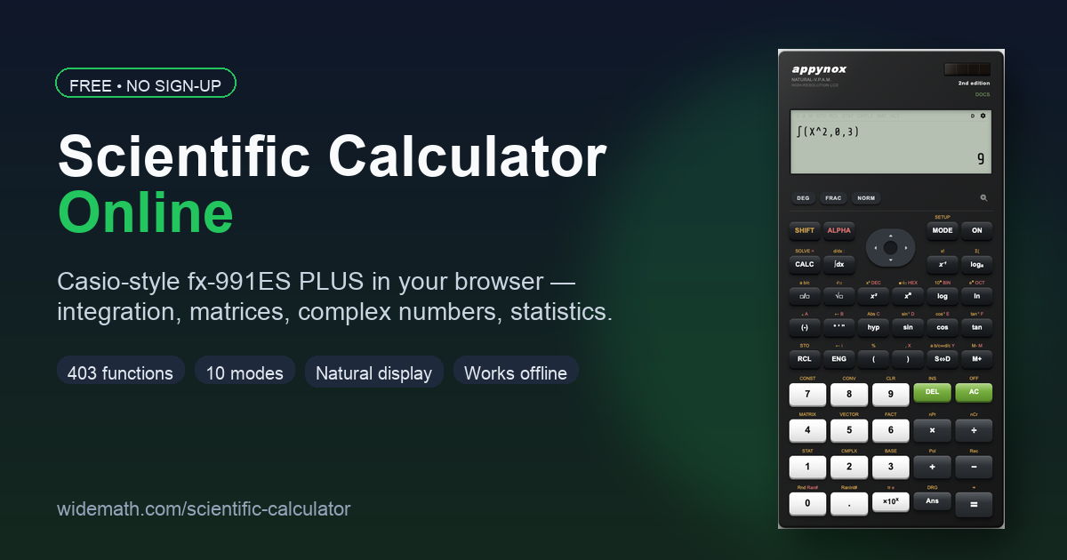 I built a free Casio fx-991ES PLUS scientific calculator in the browser with 403 functions (calculus logo